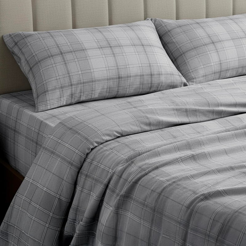 Mellanni Flannel Bed Sheet Set - 4 Piece Luxury 100% Heavyweight 180GSM Cotton - Cozy, Soft & Breathable - Deep Pockets with All-Around Elastic - Warm & Comfortable (California King, Light Gray Plaid) - Image 2